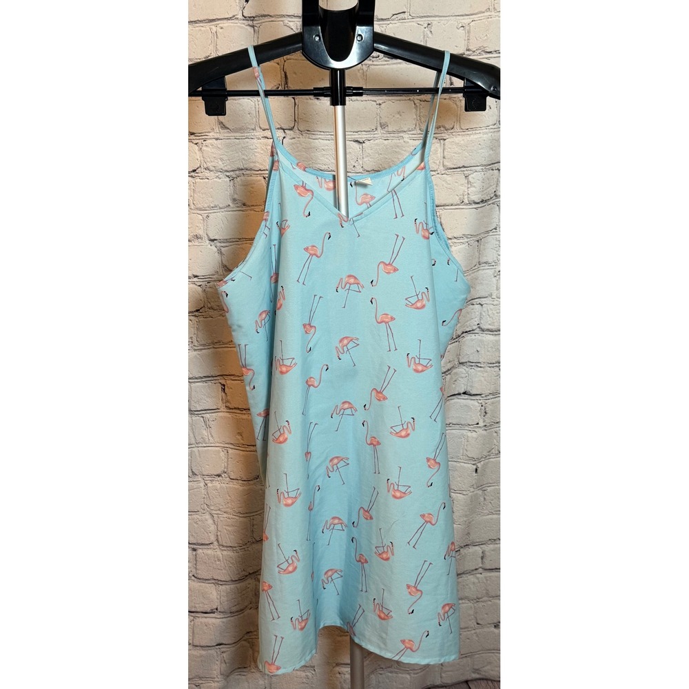 Pink Flamingo Print Blue Camisole Nightgown Sleep Dress Womens XL Polyester